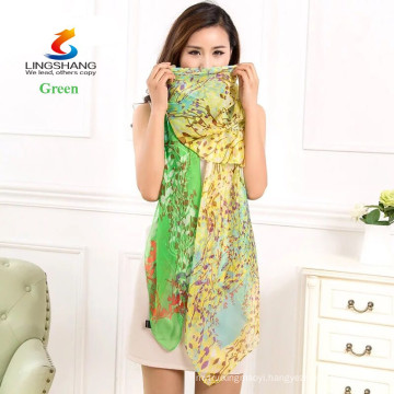 Lingshang new women's fashion long soft wrap ladies shawl silk printing chiffon scarf